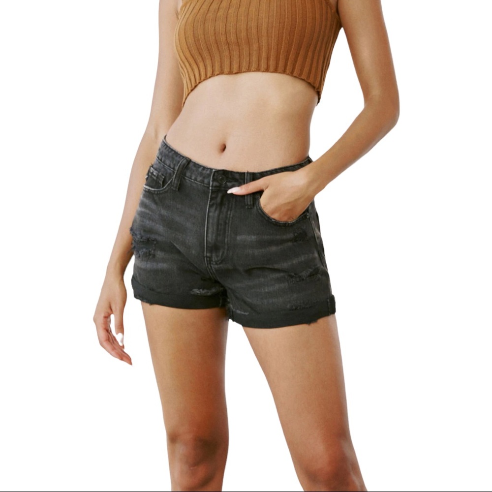 Kancan Kaya High Rise Distressed Shorts in Black (L)